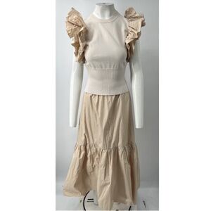 Sfizio Beige Taffeta/Knit Ribbed Trim Sweater+Tiered Midi Skirt Set sz S/40 NWT